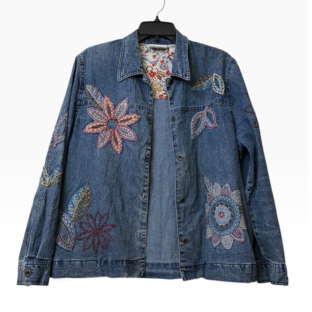 Vintage Alfred Dunner Embroidered Floral Denim Jacket Boho Y2K 12P Petite - Picture 2 of 8